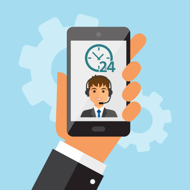 Call center service Hand holdding phone with male call center. 24 hours service concept. Vector illustration. central european time stock illustrations