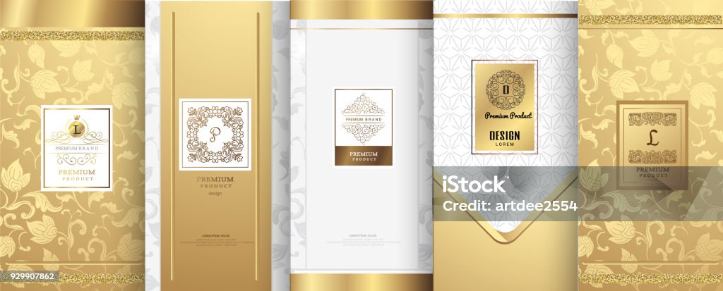 Collection of design elements,labels,icon,frames, for packaging,design of luxury products.for perfume,soap,wine, lotion.Made with golden foil.Isolated on white background.vector illustration Ornate stock vector