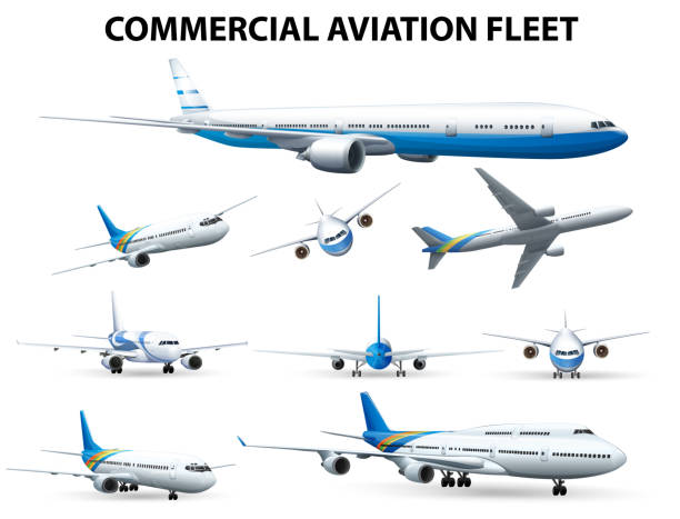 商業航空の艦隊のための異なる位置の飛行機 - airplane flying commercial airplane air vehicle点のイラスト素材／クリップアート素材／マンガ素材／アイコン素材