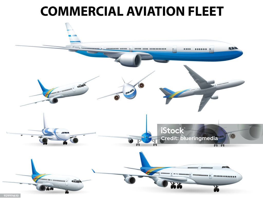 Airplane in different positions for commercial aviation fleet Airplane in different positions for commercial aviation fleet illustration Airplane stock vector