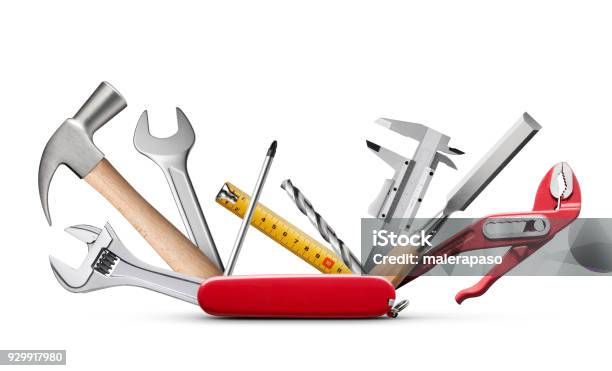 Swiss Universal Knife With Tools On White Background Stock Photo - Download Image Now