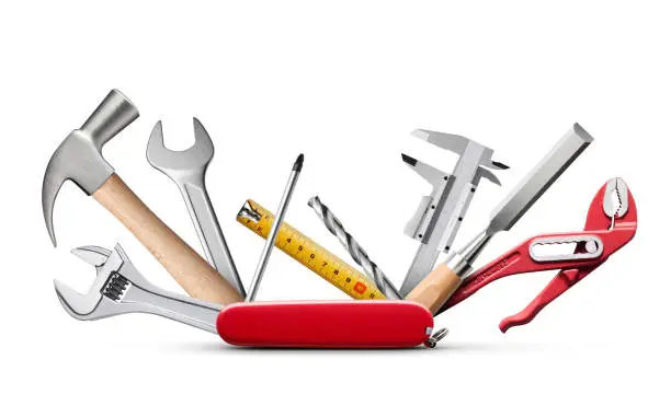Swiss universal knife with tools on white background.