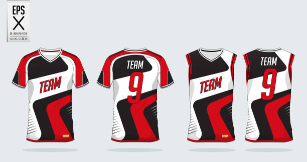 ilustrações, clipart, desenhos animados e ícones de vermelho-branco camiseta esporte modelo de design para a camisa de futebol, futebol kit e parte superior do tanque para basquetebol jersey. uniforme de esporte na frente e vista traseira. tshirt simulado para o clube de esporte. vector. - group of objects set symbol computer icon