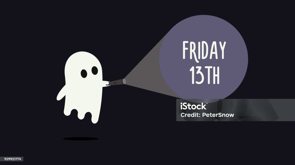 Cute ghost with his flashlight pointing towards Friday 13th. Vector Background illustration for friday 13 superstition day vector eps10 Friday the 13th stock vector