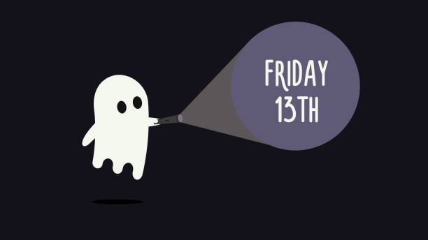 Cute ghost with his flashlight pointing towards Friday 13th. Vector Background illustration for friday 13 superstition day vector eps10 infamous stock illustrations