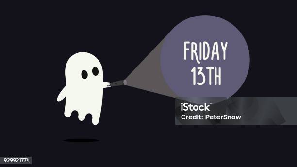 Cute Ghost With His Flashlight Pointing Towards Friday 13th Vector Background Illustration For Friday 13 Superstition Day Stock Illustration - Download Image Now
