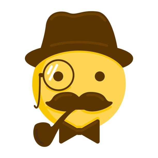 gentleman-emoticon. vektor-smiley-symbol mit schnurrbart, hut, pfeife, monokel und einer fliege - monocle stock-grafiken, -clipart, -cartoons und -symbole