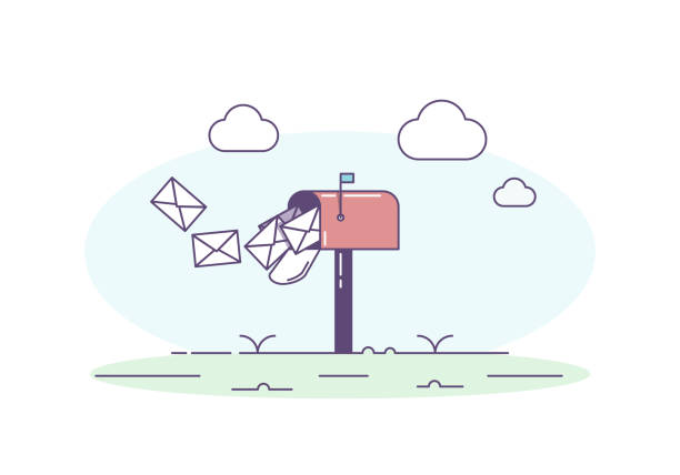 öffnen des postfachs ermöglicht post umhüllen buchstaben innen. trendiger vektorgrafik mit postfach, korrespondenz, himmel und wolken - mailbox mail us mail letter stock-grafiken, -clipart, -cartoons und -symbole