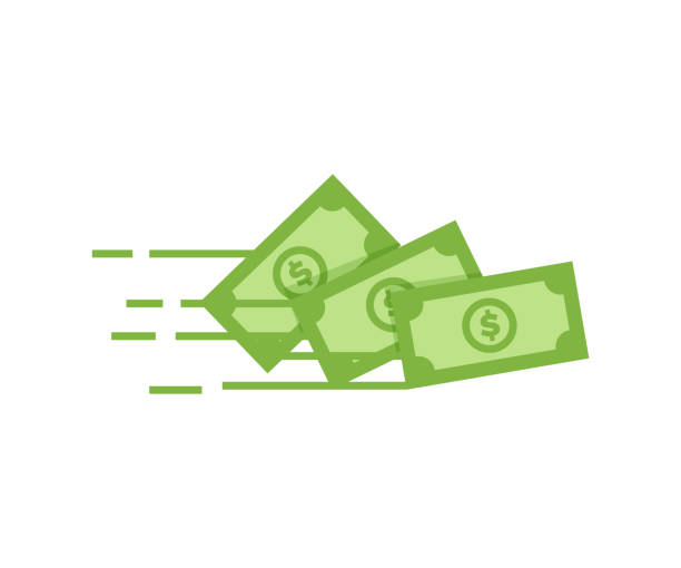 Money vector icon. Bank note Dollar bill flying from sender to receiver. Design illustration for money, wealth, investment and finance concepts vector eps10 wages illustrations stock illustrations
