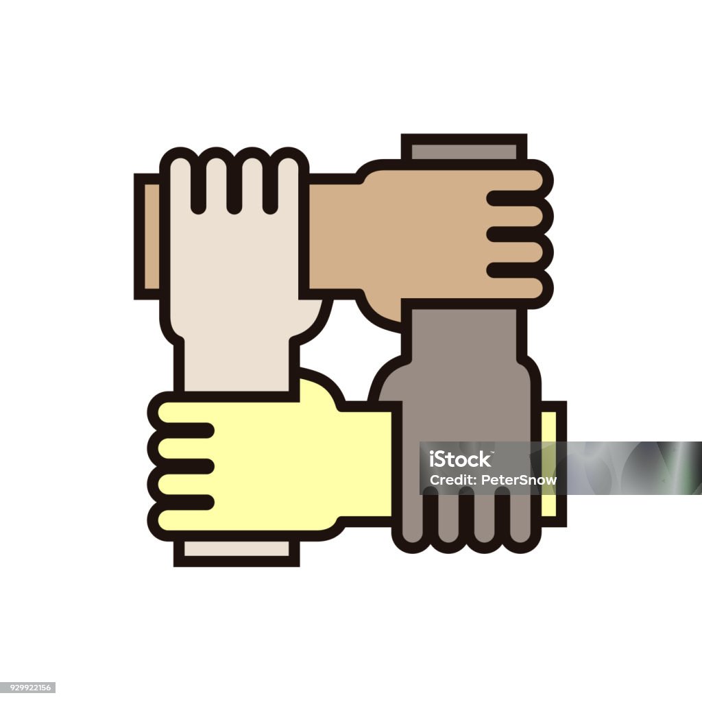 4 hands holding eachother. Vector icon for concepts of racial equality, teamwork, community and charity. vector eps10 Icon Symbol stock vector