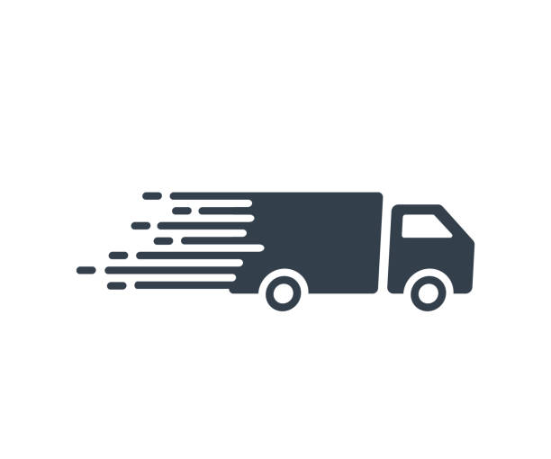 ilustraciones, imágenes clip art, dibujos animados e iconos de stock de rápido servicio de envío icono con rápido de conducción de camiones. ilustración plano vectoriales para los conceptos de entrega expresa - generosidad