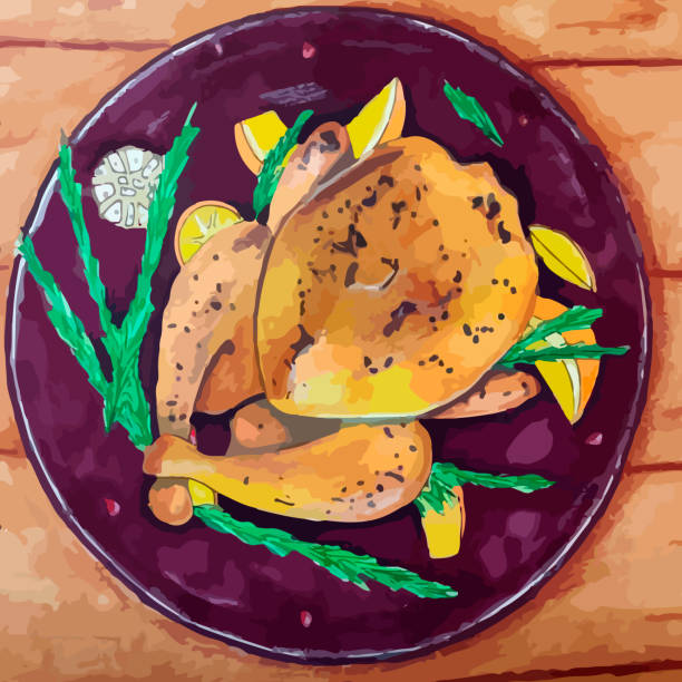 курица с розмарином и апельсинами. - thanksgiving dinner plate food stock illustrations