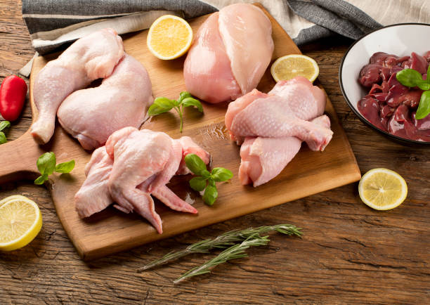 istock Raw uncooked chicken meat on wooden board. 929933344