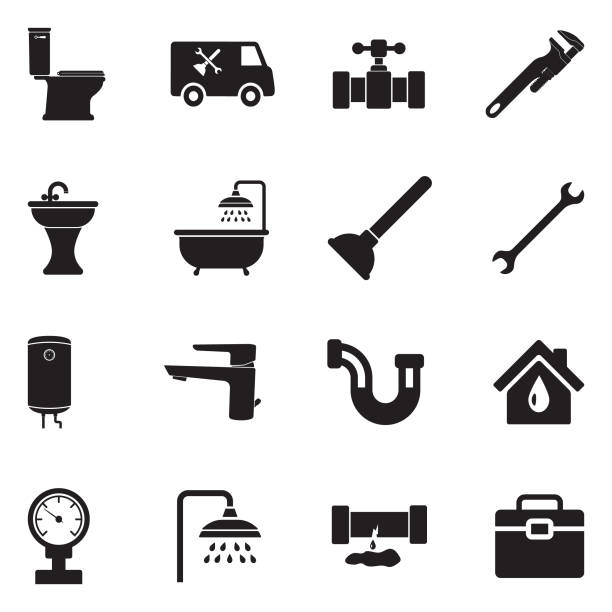 ilustraciones, imágenes clip art, dibujos animados e iconos de stock de iconos de la plomería. diseño plano negro. ilustración de vector. - plunger