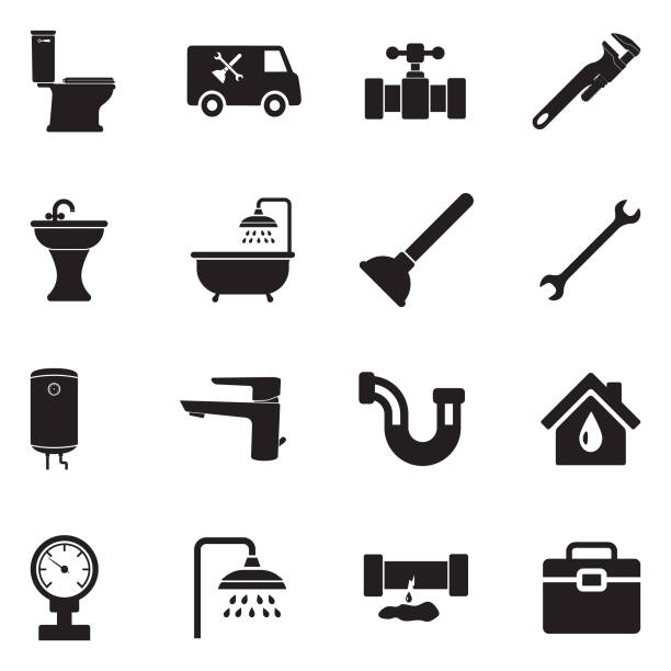 Plumbing Icons. Black Flat Design. Vector Illustration. Bathroom, Pipes, Clogged, Plumber, Service plumber stock illustrations
