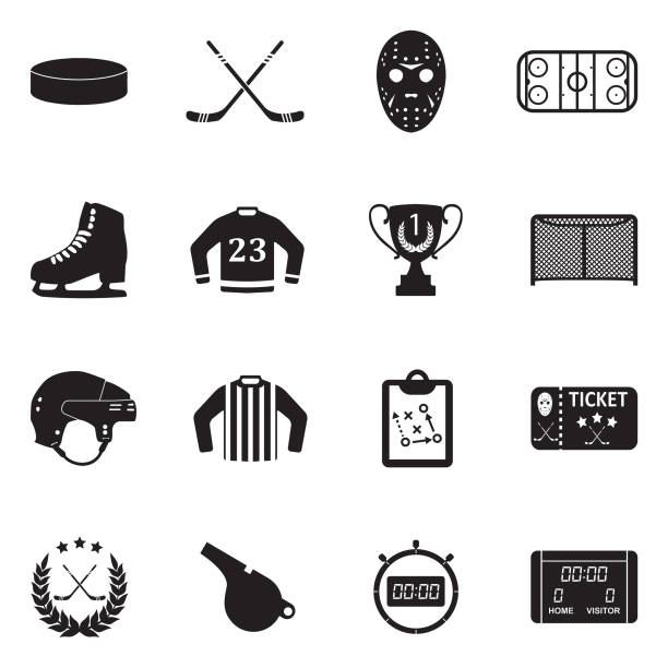 Ice Hockey Icons. Black Flat Design. Vector Illustration. Ice Hockey, Puck, Hockey Stick, Ice, Match, Sports hockey stock illustrations