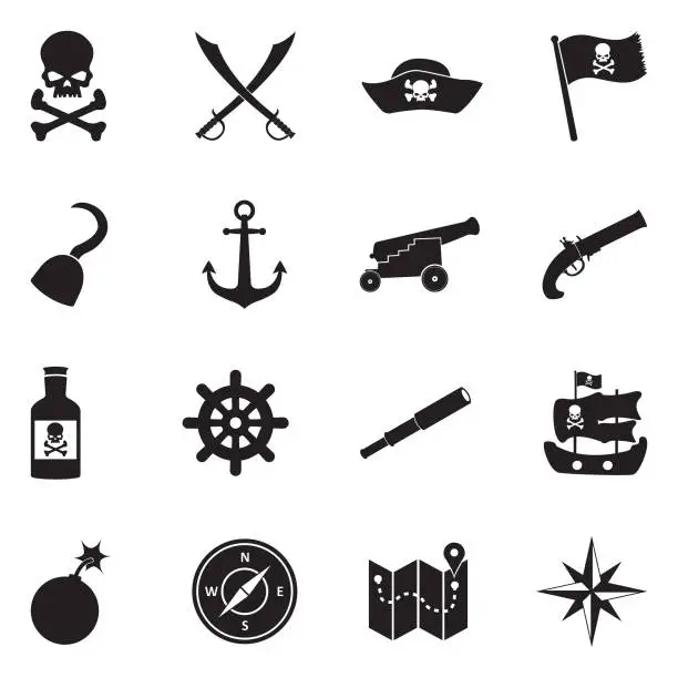 Vector illustration of Pirate Icons. Black Flat Design. Vector Illustration.