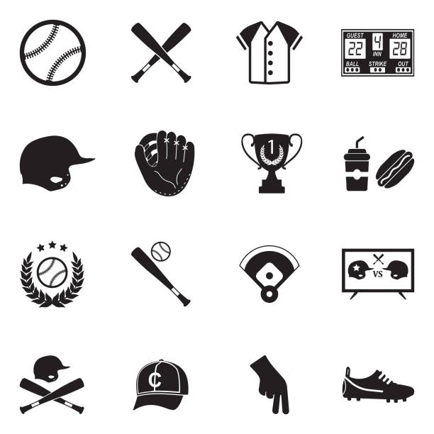 ilustraciones, imágenes clip art, dibujos animados e iconos de stock de iconos de béisbol. diseño plano negro. ilustración de vector. - baseball home run team ball