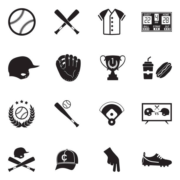 야구 아이콘입니다. 블랙 플랫 디자인입니다. 벡터 일러스트입니다. - baseball bat baseball helmet baseballs bat stock illustrations