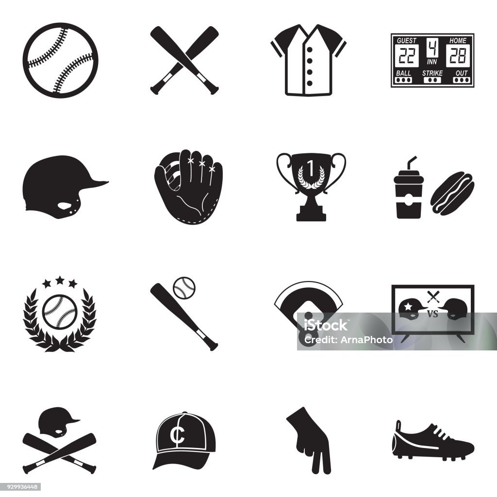 Baseball Icons. Black Flat Design. Vector Illustration. Baseball, Bat, Ball, Field, Match, Sport Baseball - Ball stock vector