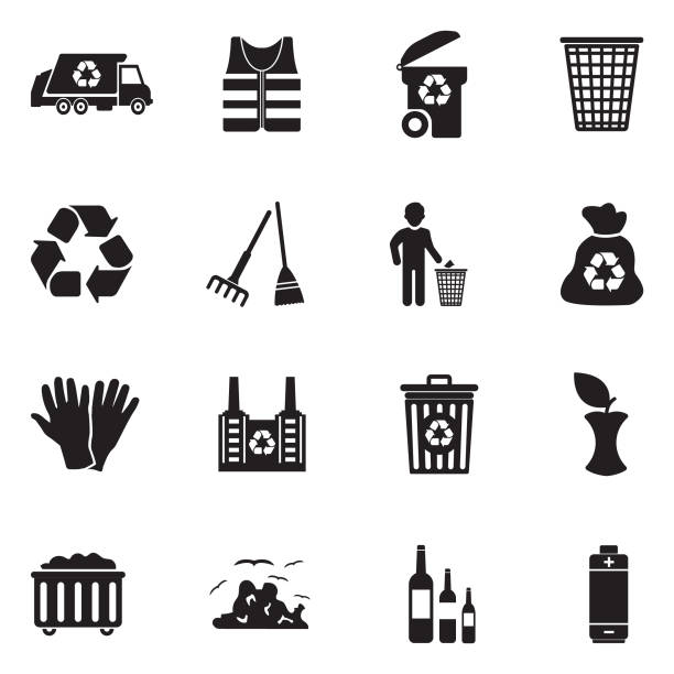 ilustraciones, imágenes clip art, dibujos animados e iconos de stock de iconos de la basura. diseño plano negro. ilustración de vector. - recycling paper garbage landfill