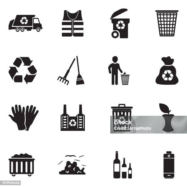 Garbage Icons Black Flat Design Vector Illustration Stock Illustration - Download Image Now