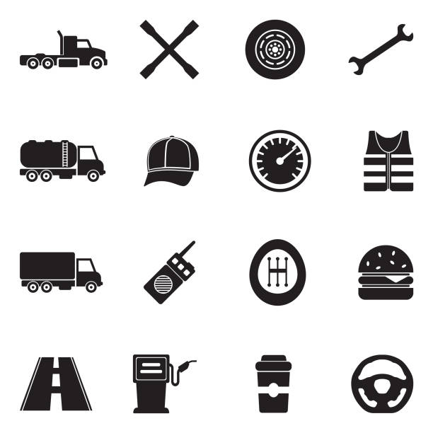 Truck Driver Icons. Black Flat Design. Vector Illustration. Transportation, Truck, Driver, Cargo, Work truck driver stock illustrations