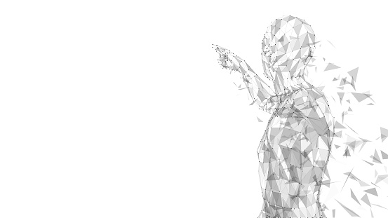 Conceptual abstract man touching or pointing to something. Connected lines, dots, triangles, particles on white background. Artificial intelligence concept. High technology vector digital background. 3D render vector illustration