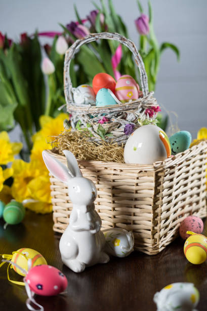 istock Happy easter. Easter eggs and easter decoration on the wooden table. 929945626