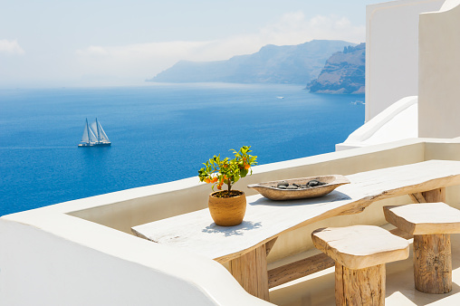 White architecture on Santorini island, Greece. Beautiful summer landscape, sea view.