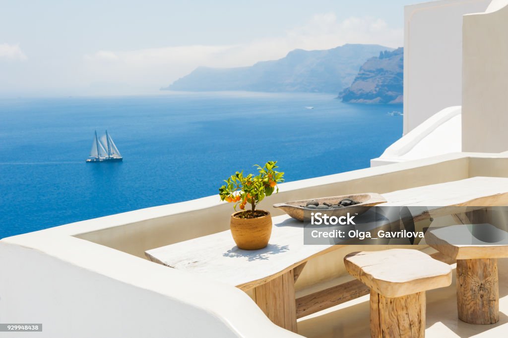 White architecture on Santorini island, Greece. White architecture on Santorini island, Greece. Beautiful summer landscape, sea view. Greece Stock Photo