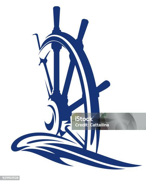 Ship Streering Wheel And Sea Wave Vector Design Stock Illustration - Download Image Now - Helm - Nautical Vessel Part, Nautical Vessel, Cruise - Vacation