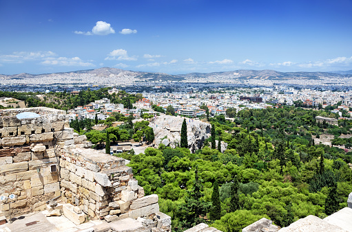 Athens, Greece - aug 05, 1987: the Areopagus hill allows a spectacular view of Athens and the Acropolis and the Parthenon
