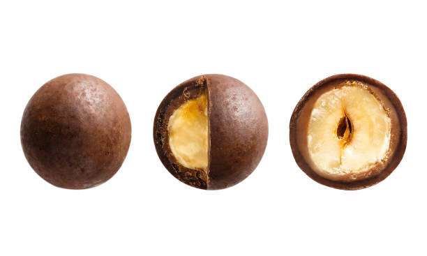 słodzone drażenie orzechów laskowych w czekoladzie wyizolowane na białym tle - glazed almond nut sugar zdjęcia i obrazy z banku zdjęć