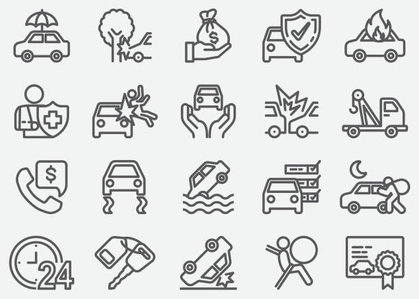 ilustrações de stock, clip art, desenhos animados e ícones de car accident and insurance line icons - auto accidents symbol insurance computer icon