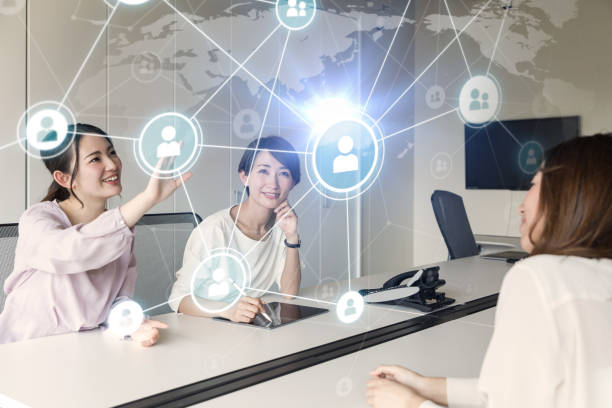 istock Group of woman using holographic interface. 929959710