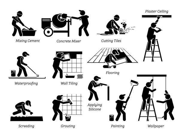 Home Improvement and House Renovation Icons. Pictogram depicts workers and specialists renovating, upgrading, and repairing building. concrete cutting stock illustrations
