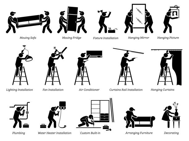 ilustrações, clipart, desenhos animados e ícones de instalação de luminárias em casa e ícones de decorações de casa. - boiler water heater symbol repairing