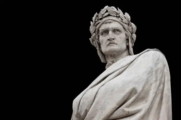 Dante Alighieri statue, by Enrico Pazzi, 1865. It is located in Piazza Santa Croce, next to Basilica of Santa Croce, Florence, Italy.