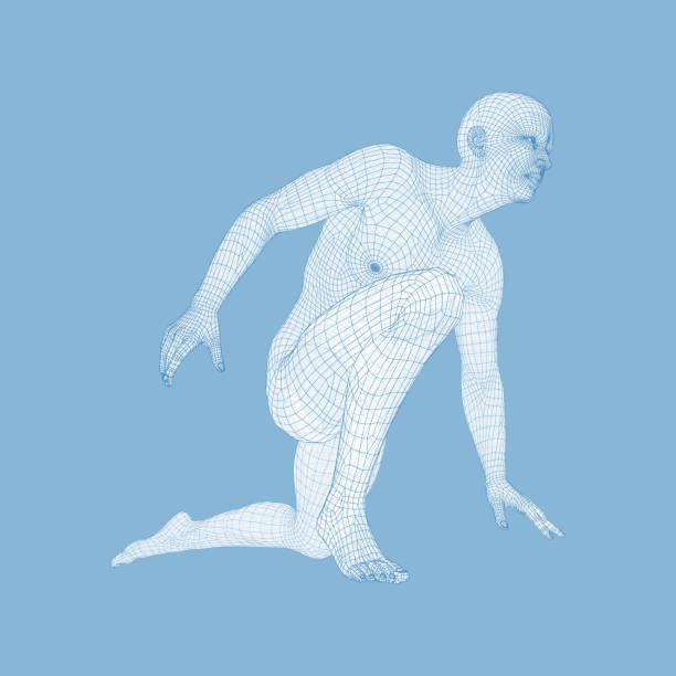 istock Athlete at Starting Position Ready to Start a Race. Runner Ready for Sports Exercise. Human Body Wire Model. Sport Symbol. 3d Vector Illustration. 929973124