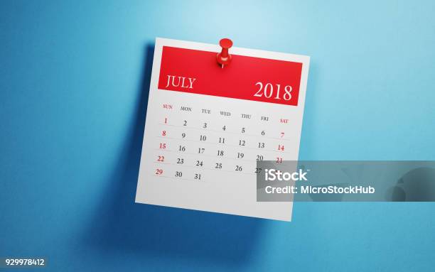 Post It July Calendar On Blue Background Stock Photo - Download Image Now - 2018, Adhesive Note, Announcement Message