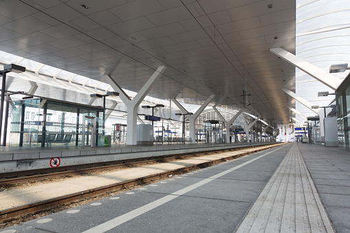 SALZBURG, AUSTRIA - March 03, 2018: Empty train station platform in Salzburg Austria.