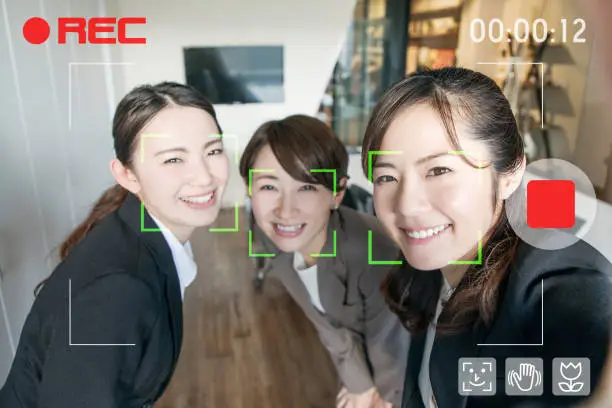 Photo of Video selfie. Facial recognition system of video camera. Interface of mobile camera app.