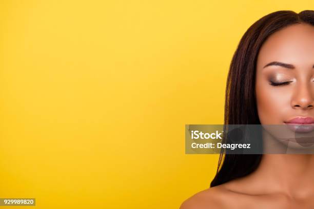 Gogreous Charming Pretty Hot Nude Half Face Cropped Portrait Of Afro Brunette Lady With Attractive Healthy Smooth Skin Shiny Clean And Pure Women Beauty And Make Up Pampering Concept Stock Photo - Download Image Now