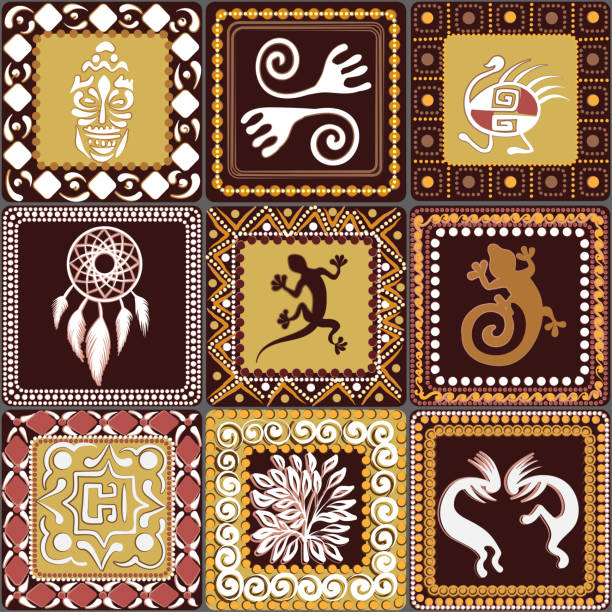 Seamless pattern with squares pattern with imitation of elements of rock art of ancient Indians, Aztecs, cavemen