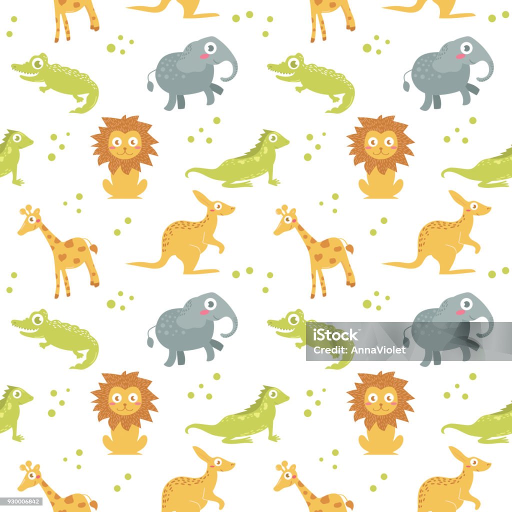 Children's seamless pattern Children's seamless pattern. Vector illustration in flat style. Pattern for clothing, backgrounds, baby products.lion, iguana, crocodile, kangaroo giraffe Animal stock vector