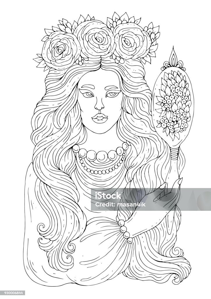 Vector hand drawn portrait of a young Russian girl. A young girl with a wreath of roses with long hair looks in a vintage mirror. Pattern Coloring Page A 4 size Vector drawn portrait of a young Russian girl. A young girl with a wreath of roses with long hair looks in a vintage mirror. Pattern Coloring Page Mirror - Object stock vector