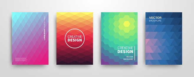 Modern summer futuristic abstract geometric covers set. Minimal mosaic colorful trendy templates design. Cool gradient  shapes. Poster background composition. Vector illustration.
