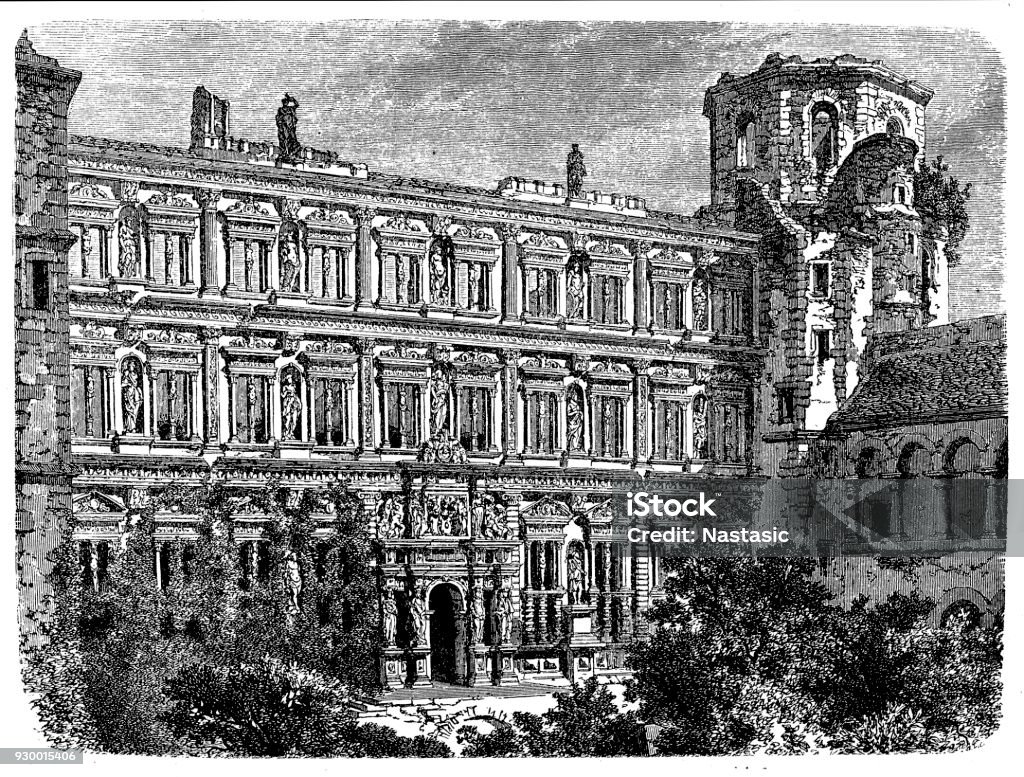 Ruins of Palace of Otho Henri, Otto-Henry, at Heidelberg Illustration of a Ruins of Palace of Otho Henri, Otto-Henry, at Heidelberg 19th Century Style stock illustration
