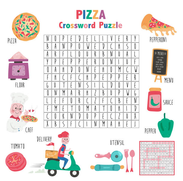 pizza puzzle Crossword game about pizza for kids, word search puzzle with vocabulary and the answer, doodle cartoon flat style, illustration, vector word game stock illustrations